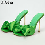 2022 New Arrival Silk Butterfly-knot high heels Women Slippers Sandals Square toe Mule Slippers Slides Party