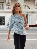 Chic Blue Plaid Ruched Asymmetrical Blouse Women 2021 za Fashion Sexy One Shoulder Shirts Female Casual