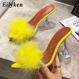 2022 New PVC shoes Woman Feather Transparent High heels Fur Pumps Slippers Women Peep toe Mules Lady Pumps Slides