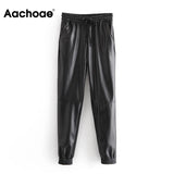Lady Full Length Pu Leather Pants Drawstring Sports Style Long Sweatpants Women Baggy Casual Pencil Pants Pantalon