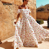 White Print Maxi dress Women Summer sexy off shoulder Bohemian Long Dress Ladies puff short sleeve party dress