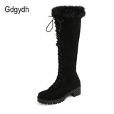 Fashion Rabbit Fur Snow Boots For Women Rubber Sole Knee High Boots Winter Warm Shoes Chunky Heel Faux Suede Plus