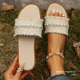 People's Flat-Bottomed Slippers Women Retro Beads Light Outside Wearing Cold