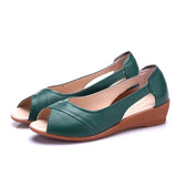 Peep Toe Ladies Sandals Wedge Low Heel 4CM Open Toe Genuine Leather Flat Sandals For Women Slip-On