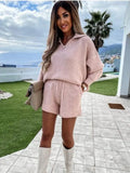 Casual Women's Suit Knitted Fitness Turn-down Collar Sweatershirt Lace Up Shorts Loose Fashion Female Tracksuit