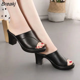 Size 35-40 High Heels Slippers Women's Platform Shoes Summer Block Heel Leather Black Slides Ladies Office Slippers