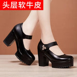 Cowhide Thick-Heeled High-Heeled Walking Shoes Waterproof Platform Thick-Soled Leather Shoes Cheongsam Show Model Training