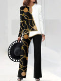 Spring Women Fashion Splicing Two Piece Sets Elegant Pullover Tops + Wide Leg Trousers Suits Popular Leopard Print Lady