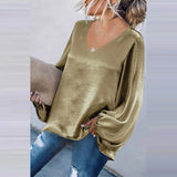 Simple New V Neck Solid Color T-shirts Fashion Autumn Winter Long Sleeves Loose Pullover Top Office Lady Elegant