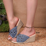 Breakj Hemp Rope Woven Edge Rivet Decorative Wedge Slippers Women Denim Large Size Wedge Slippers