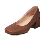 Female Spring Summer 2022 Dress Shoes PU Leather Elegant Chunky Med Heel Slip on Shallow Footwear Women Daily Casual