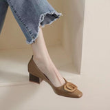 Breakj 2023 New Fashion Square Head Shallow Metal Buckle Thick Heel Single Shoe Medium Heel Women's