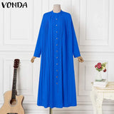 Bohemian Summer Dress 2022 VONDA Vintage Women Sundress Long Sleeve Button Up Dress Autumn Holiday Loose Long Shirt