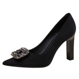 Temperament Professional Black Super High Heels Female 2024 New Pointed Rhinestone Advanced Sense Commuter Work Thick