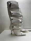 Breakj New High Heel Pointed Metal Rivet Jeans Splicing Two Wear Pile And Knee Boots Large Size Women's