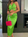 Satin Elegant Sleeveless Hollow Out Bandage Backless Long Wrap Dress For Women Club Party Beach Halter Spring Dress