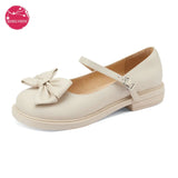 Womens Black Mary Jane Lolita Genuine Leather Shoes for Ladies Classic Bow Round Toe Thick Low Heel Lovely Pumps Sweet