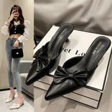 Breakj Elegant Wind Pointed Head Shallow Bow Thin Heel Show Thin Head Half Slippers Female Outside Wear Fashion Temperament Half
