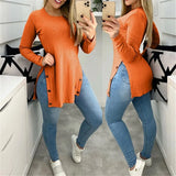 New Autumn Casual Long Sleeve Tops 2022 Spring Women Elegant O Neck Rib Blouse Fashion Sexy Side Slit Button Long Shirt