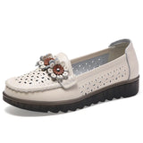 Breakj Women's Shoes Hollow Leather Women's Single Shoes Casual Mother Shoes Flowers Happy Shoes Korean Version Of The Foot Breathable Comfortable Single