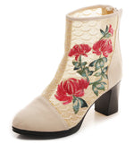 Breakj Boots Ankle Boots Embroidered Cloth Shoes Spring High Heels Velvet Canvas Thick Heel Plus Size Short Leg