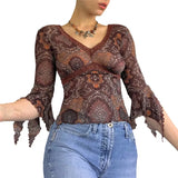 Khaki Vintage Print V Neck Flare Long Sleeve Y2K Tops Cute E Girl Fairy Grunge Aesthetic Graphic T Shirts for