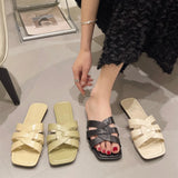 Classic Flat-Soled Slippers Women's 2023 New Leisure Three Cross-Band Knitting Square Head Comfortable Slippers