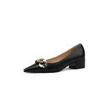 Genuine Leather Women Shoes Chain Thick Heels Pumps Pointed Toe Med Heel Ladies Footwear 2022 Spring Beige Apricot