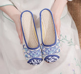 Breakj Round Head Embroidered Cloth Shoes Beef Tendon Bottom Flat Bottom Soft Bottom Canvas Slippers Female Ethnic Wind Blue And White