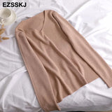 casual Autumn Winter Basic v-neck Sweater pullovers Women 2021 loose Knit Pullover female Long Sleeve Khaki