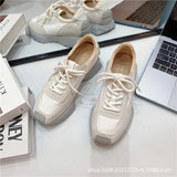Chunky Sneakers Women Real Leather Platform Shoes Mixed Colors Lace-Up Lady Trendy Trainers Thick Sole Handmade