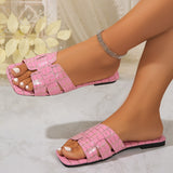 Breakj Size Solid Color Casual Stone Pattern Slippers Female 2024 New Square Head Flat Bottom Wearing Beach One Word