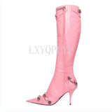 Fashion Luxury Pointed Toe Stiletto Women's Shoes Retro Metal Buckle Zipper Knee High Boots Slim Tassel Boots Women Size