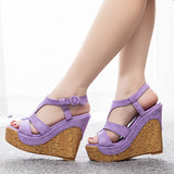 Breakj Cm Wood Grain Heel Slope And Fish Mouth Sandals Large-Size Slope And Water Table Hollow Sandals Female Quality