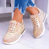 Women Vulcanized Shoes Fashion Beautiful Casual Shoes New Snake Skin Motif Shimmering Stones Design Sneakers Women's Flat