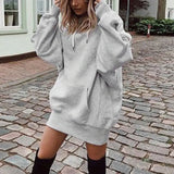 2021 Autumn Winter Warm Ladies Loose Dress Casual Solid Color Women Hooded Dress Fashion Pockets Long Sleeve Pullover