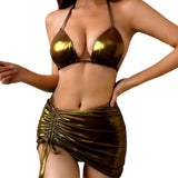 2025 Hot Gold Three-Piece Bikini Solid-Colored Sexy Women's Split Swimsuit Triangle