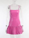 Ruffle Mini Dress For Woman Y2K Pink Leather Sleeveless Zipper Pink Faux PU Folds Clubwear Party Sexy 2021