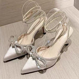 Bowknot Sandals for Women Sexy Buckle Strap Ladies High Heel Pumps Pointed Toe Silk Fashion 2022 Female Shoes