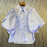 White Short Blouse For Women Lapel Puff Sleeve Patchwork Diamond Casual Shirt Female Fashion New Clothing