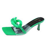 Summer Big Chain Transparent Slippers Women Stilettos Sandals Square Toe High Heels Mules Shoes Women Slides White