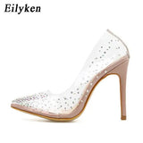 Fashion Rhinestones PVC Transparent Pumps Stilettos High Heels Point Toes Womens Party Golden Wedding High heels