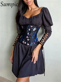 Satin Women Dress Sexy Club Long Puff Sleeve Party Mini Wrap Dress Fashion 2021 Black Bodycon Bandage Dresses
