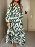 Women Office Elegant Square Neck Single Breasted Long Shirt Dress Casual Loose Dress Fashion Printed Long Sleeve Commuter