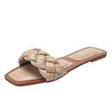 Weave Slippers Flat Sandals Open Toes Square Soft Green Foot Pad Leisure Large Size 37-42 Flip Flops Office Women