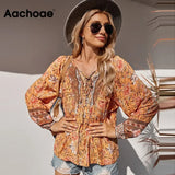 Bohemian Floral Print Blouse Women Bow Tie V Neck Retro Shirt Female Loose Casual Long Sleeve Tunic Tops 2021