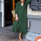 Elegant Button Ruffle Dress Women's Autumn Sundress ZANZEA Casual 3/4 Sleeeve Midi Vestidos Female Solid Robe