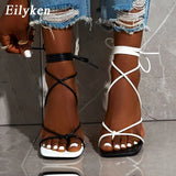 New Fashion Sexy Lace Up Women Sandals Square Toe Thin Heel Cross Tied Party Shoes High Heel 9CM Black White Size