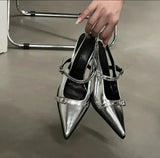 Women's Silver Buckle Slingback High Heels Pointed 2024 Summer Thin Heel Leather Shoes for Woman Elegant Party Mary Jane