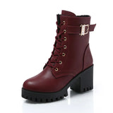Hot Sale 2020 Brand Women Boots Lace Up Flat Biker Combat Wine Red Boots Shoes Buckle Woman botas Women Martin Boots Size